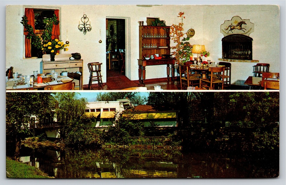 Interior~Mill Race Inn & Fox River Geneva Illinois~Vintage Postcard