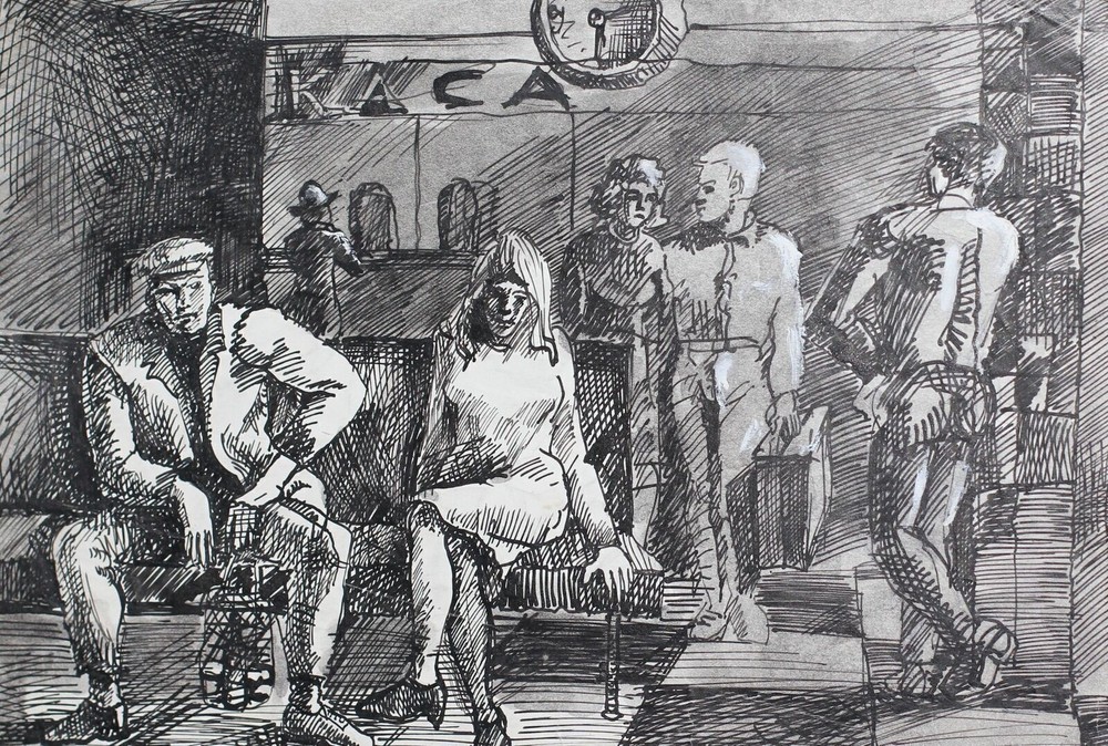 Ink drawing figures interior scene