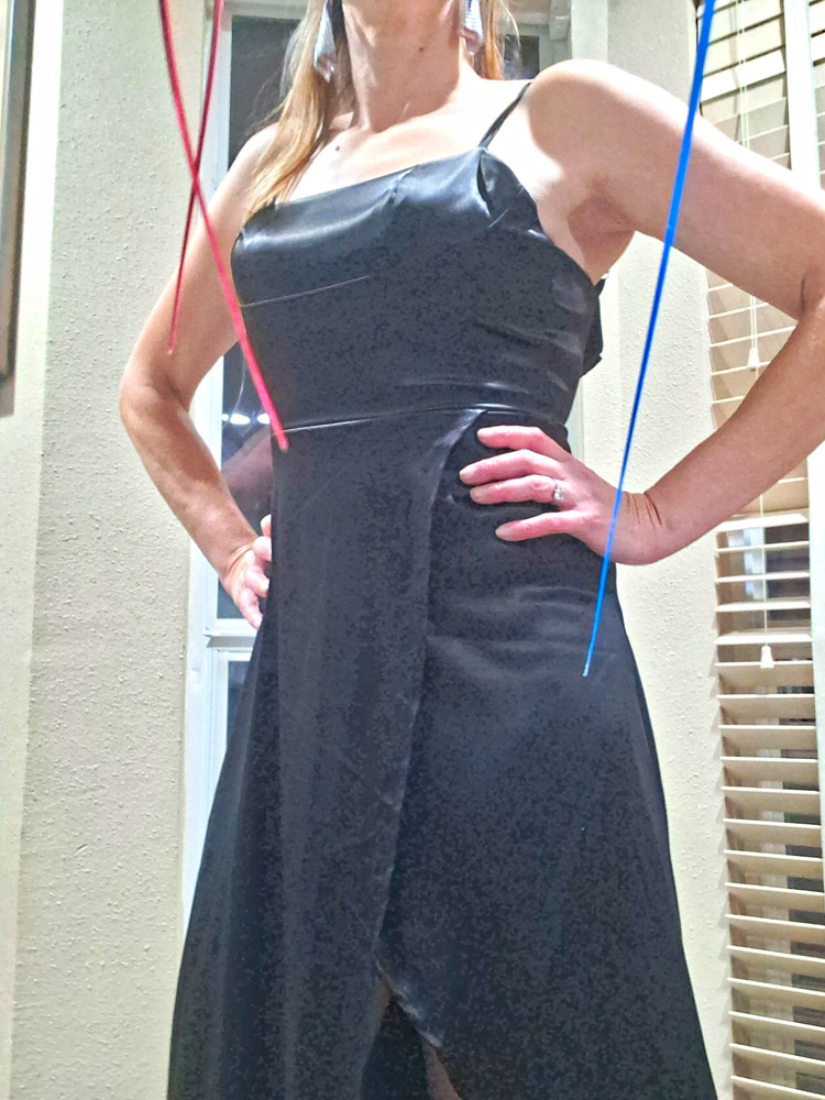 Women's Black Satin Slip Maxi Dress Size S Square Neck Strappy Side Slit Zip