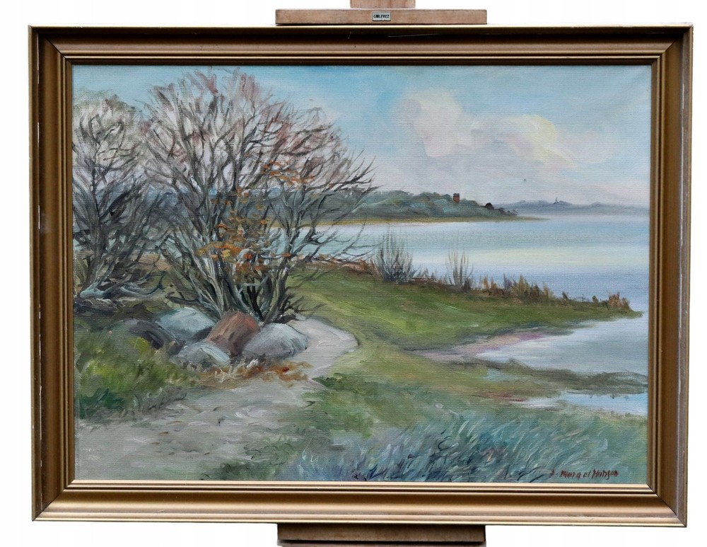 Signed Oil Painting on Canvas Framed Coastal Landscape With Trees Boardwalk