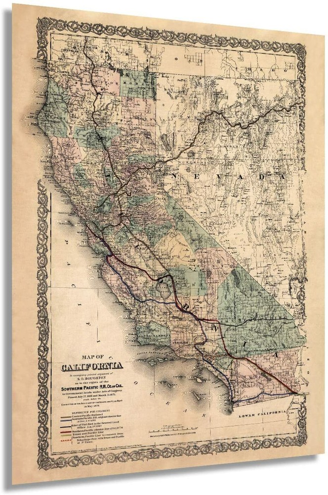1876 Map of California - Vintage State of California USA Wall Art Poster Decor