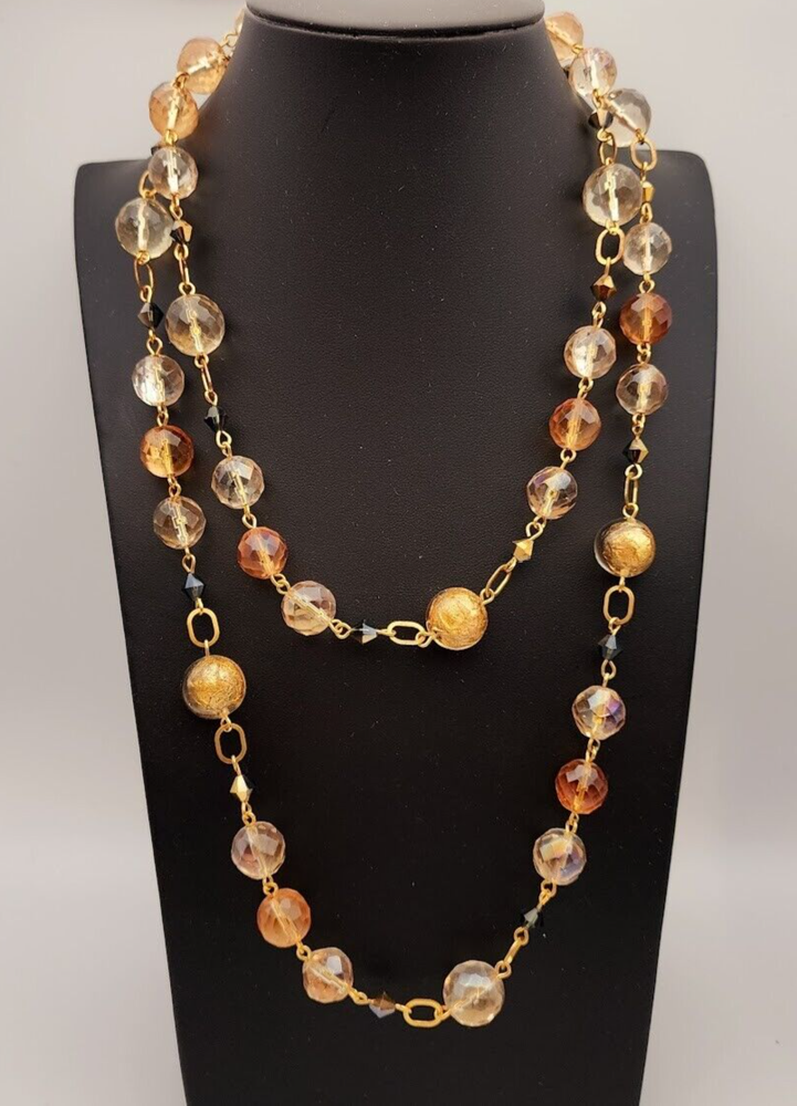 Gold Foil Citrine Faceted Glass Beads Gold Tone Link Necklace