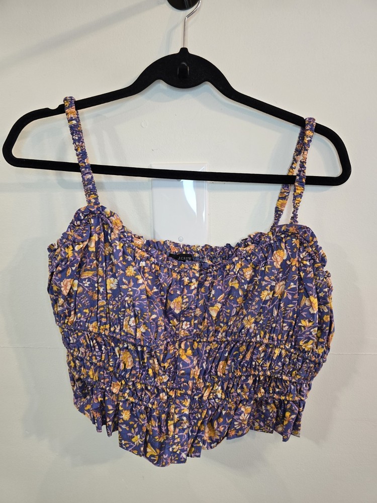 J.Crew Smocked Floral Crop Top Cottagecore Coquette Ruched Tank Purple M