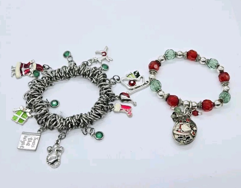 CHRISTMAS Stretch Bracelet Lot of 2 Red & Green Beaded Silver tone Holiday Charm