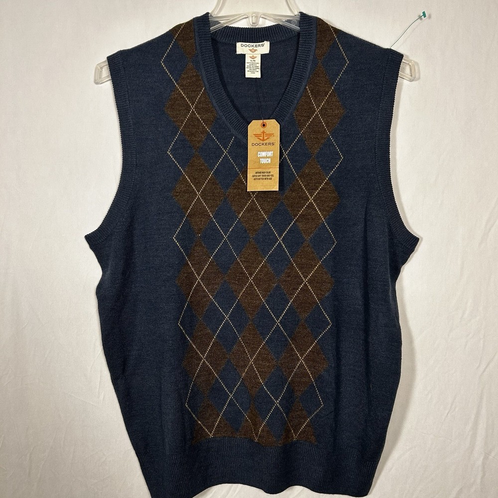 Dockers Men’s Argyle Sweater Vest – Navy/Brown – Size Large – New With Tags