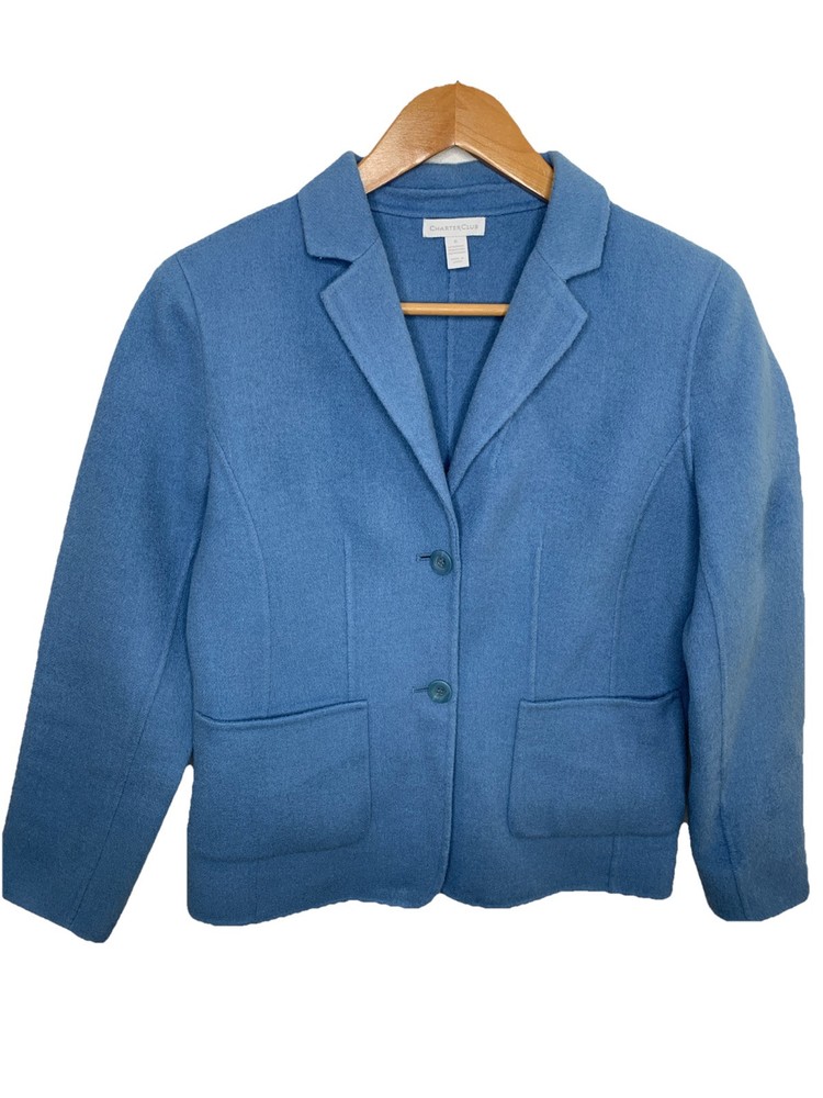 Charter Club Sz Large Wool Blend Blazer Jacket Two Button Baby Blue Pockets