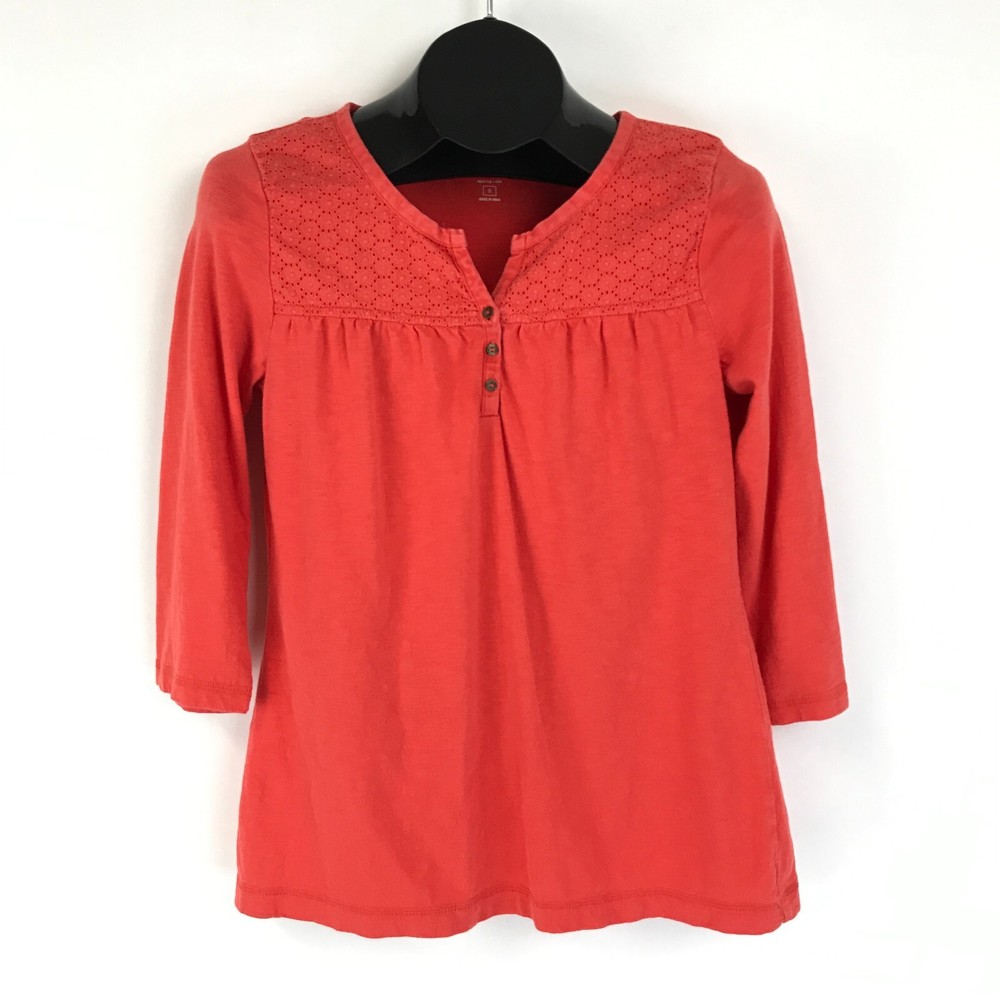Eddie Bauer Split Neck Knit Top Women’s Size Small Orange 3/4 Sleeves Stretch