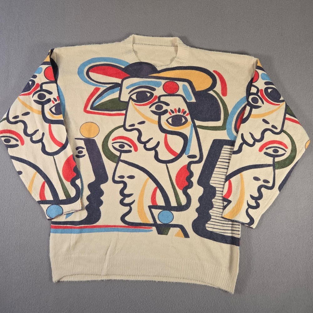 Abstract Art Sweater Womens XL Crewneck Pullover Graphic Print Picasso Face-image
