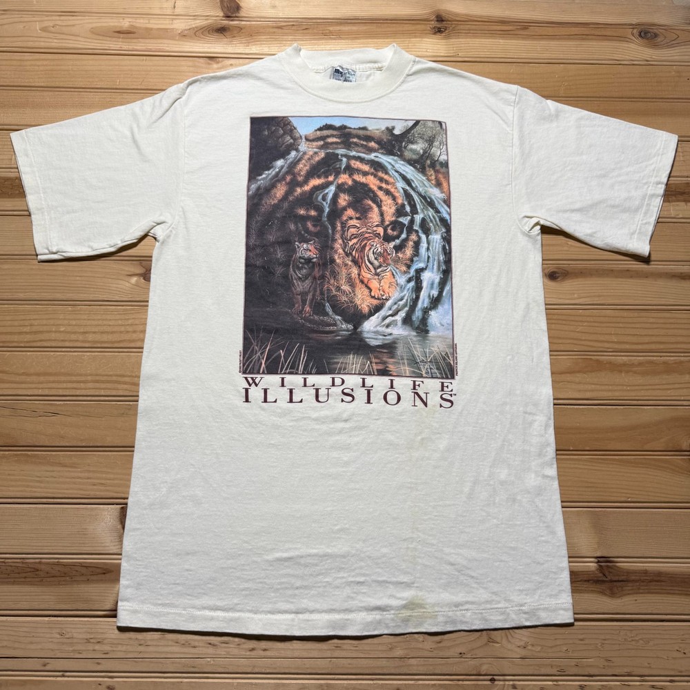 Vintage 1993 Wildlife Illusions Tiger Waterfall Nature Graphic T-Shirt USA Large