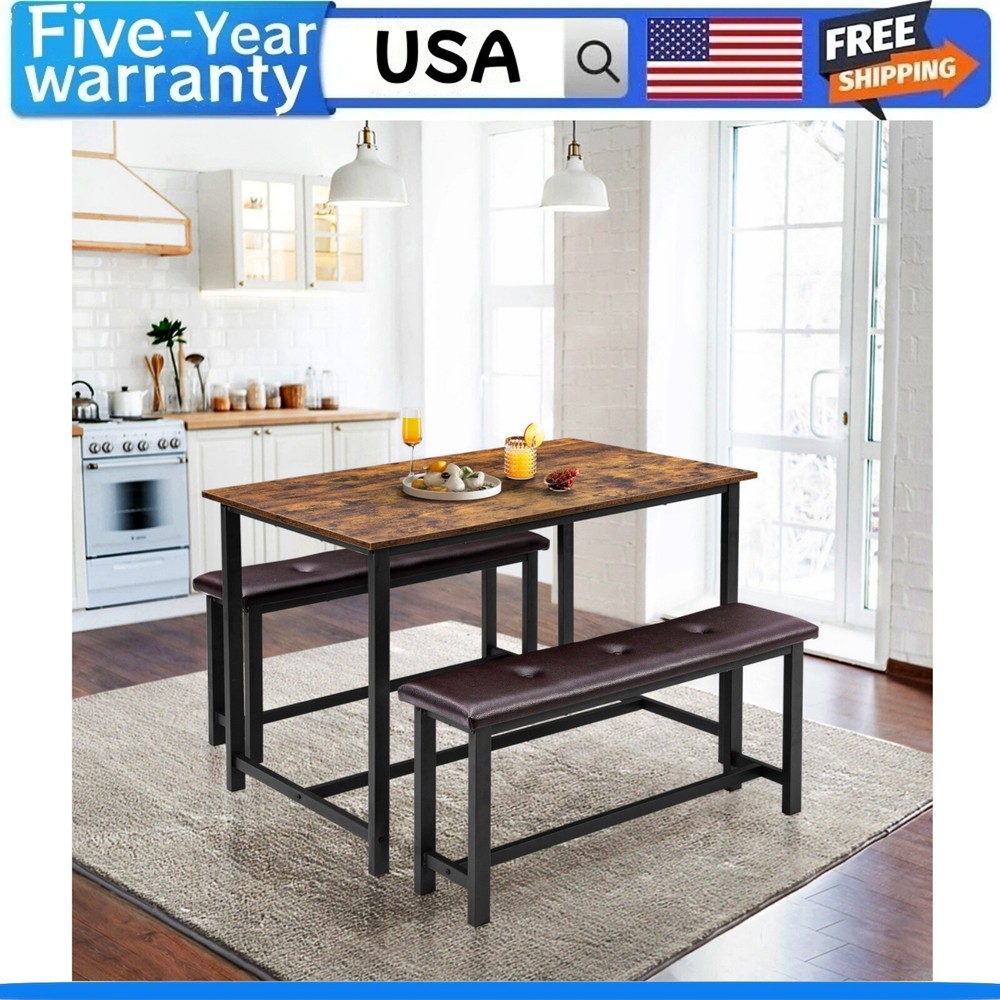 💹Dining Table Set for 4 Kitchen Table with 2 Upholstered Benches 3 Piece Kitche