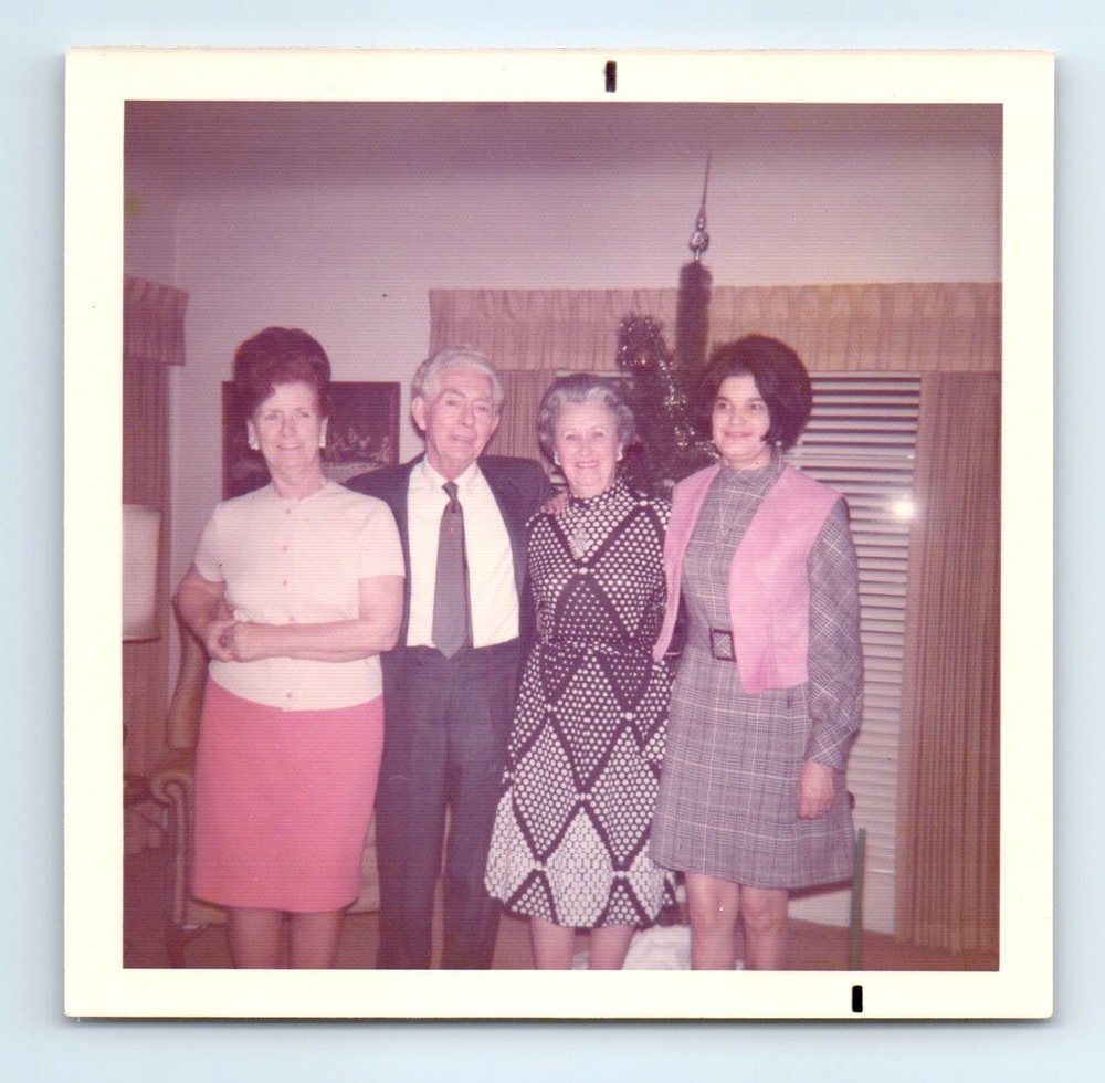 Old Vintage Square Color Photo OLDER MAN WOMEN BY CHRISTMAS TREE LIVING ROOM