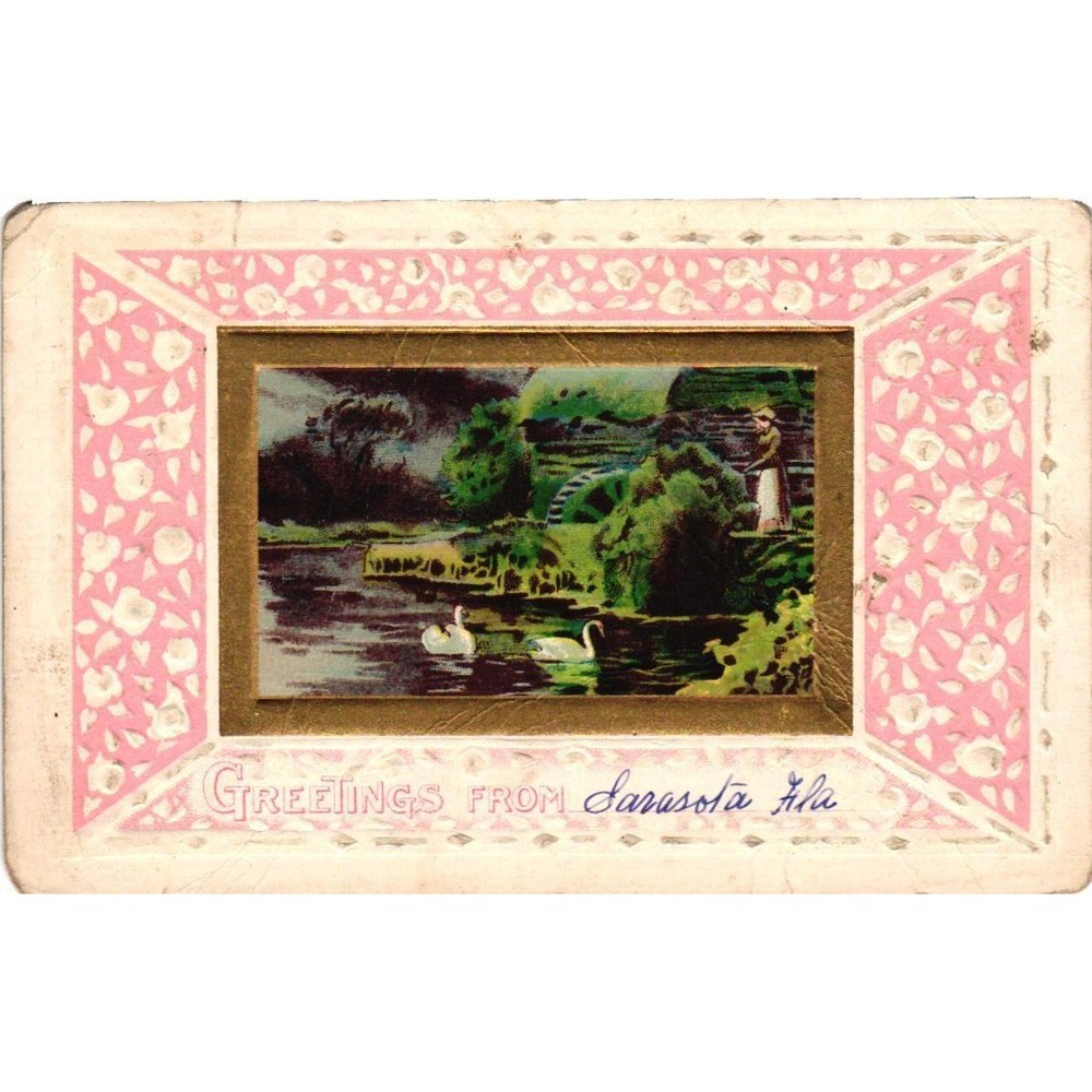 Antique 1915 Sarasota Florida Greetings Postcard Swans Water Mill KLC Series 154