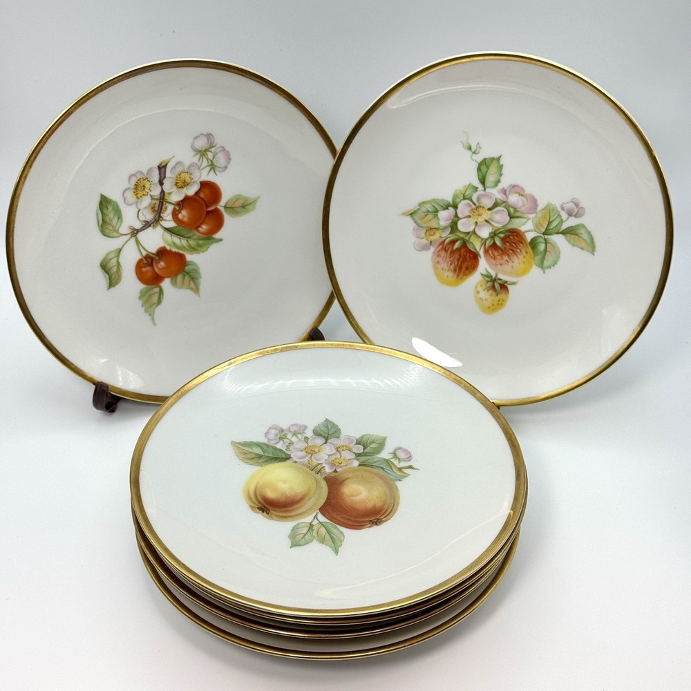Hutschenreuther Bavaria 6” Bread Plates Set 6 Fruit Gold Rim Porcelain Germany