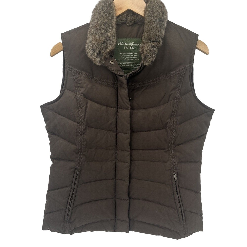 Eddie Bauer Jacket Womens Small Puffer Vest Goose Down Brown Faux Fur Neck