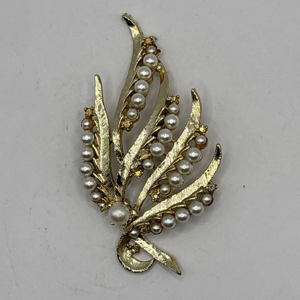 Vtg Brushed Gold-Tone & Faux Pearl Leaf Spray Brooch
