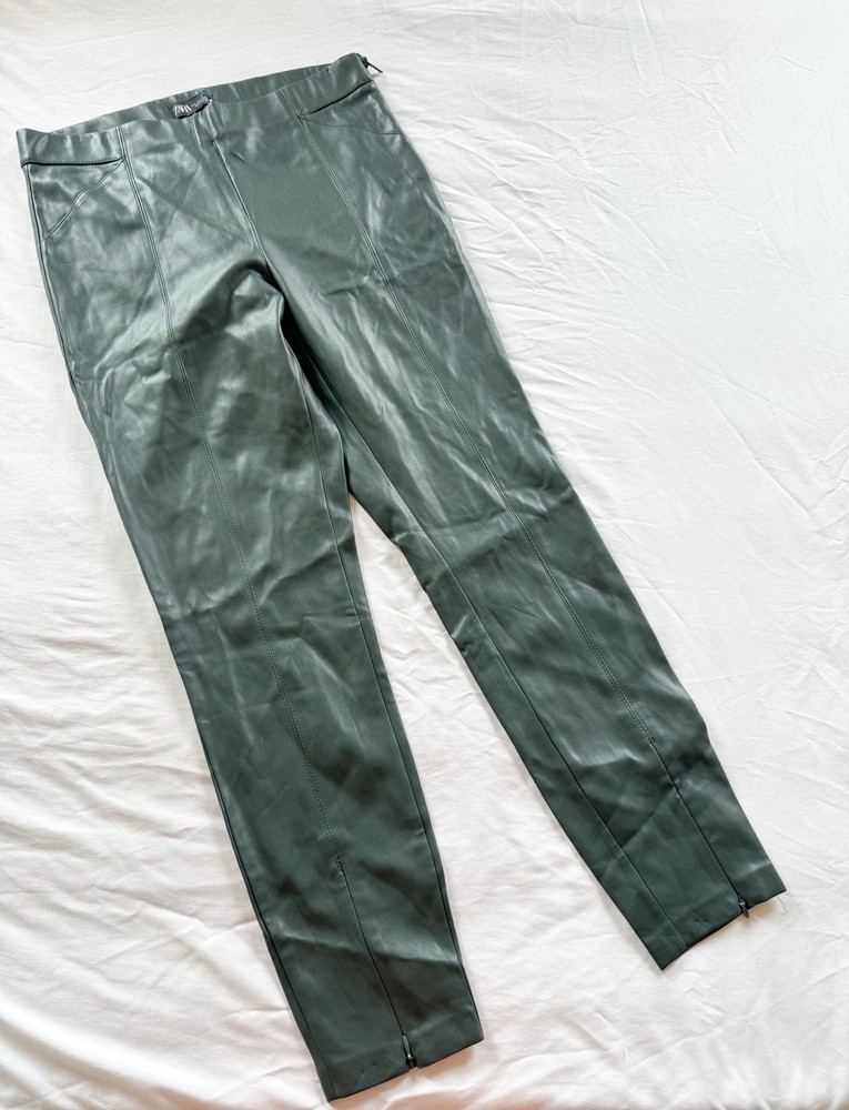 Zara Green Faux Leather Pleated Tapered Pants Womens Large