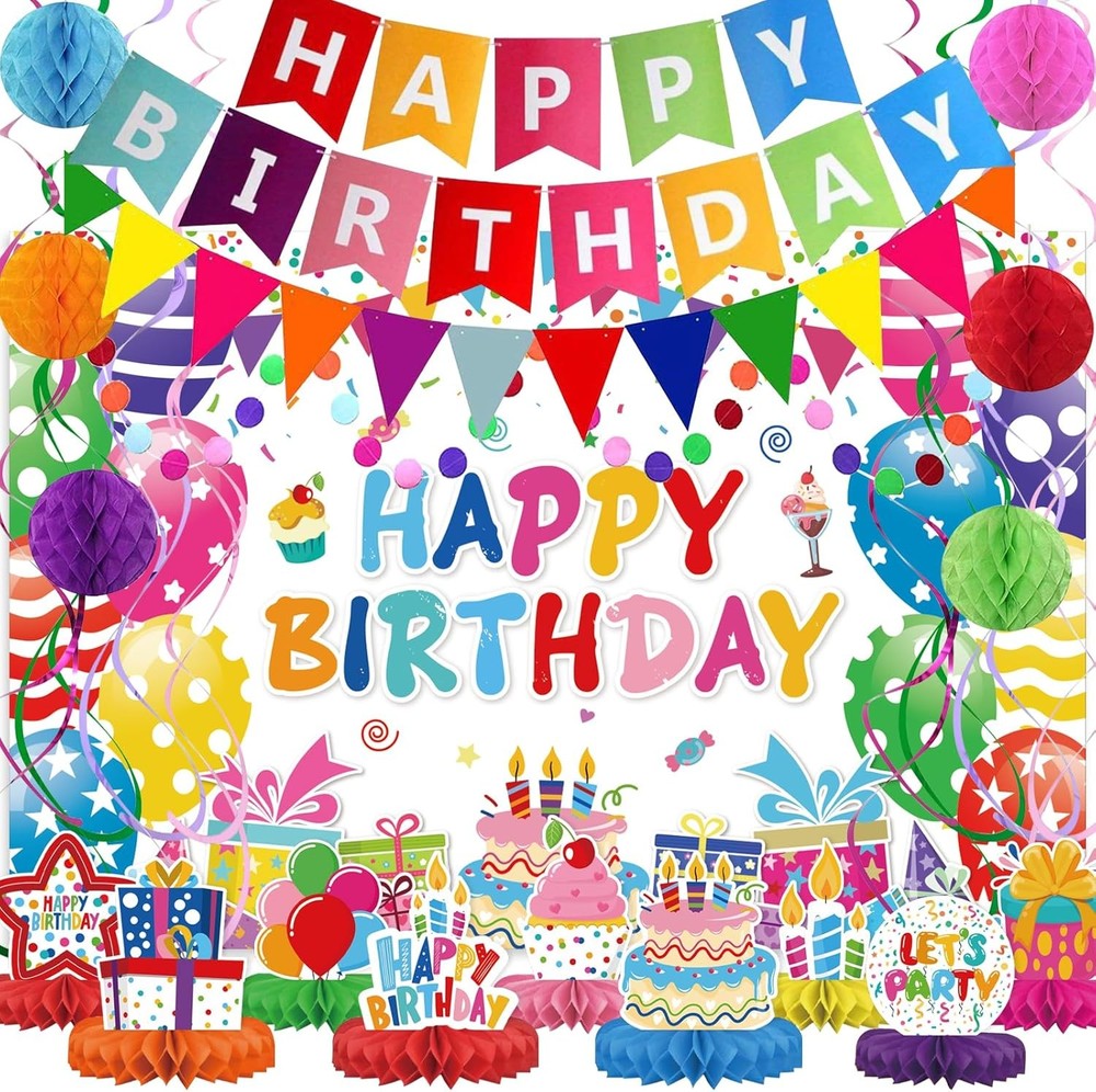 Birthday Decorations Kit, Happy Birthday Party Banner, Honeycomb Balls, Metallic