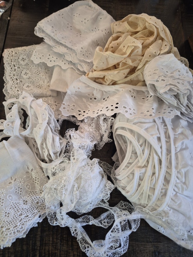 Antique Fabric  Scraps Lace Lot For Doll Clothes Crafts