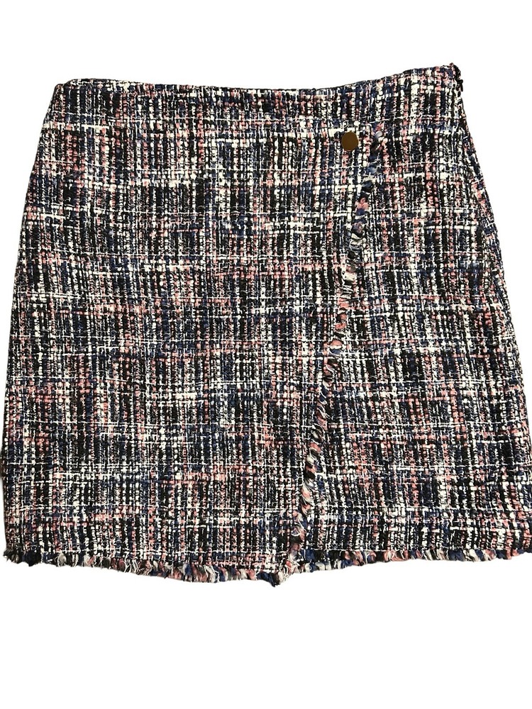 Women's Loft Tweed Faux Wrap Skirt Pink Blue Black Fringe Hem Size 6
