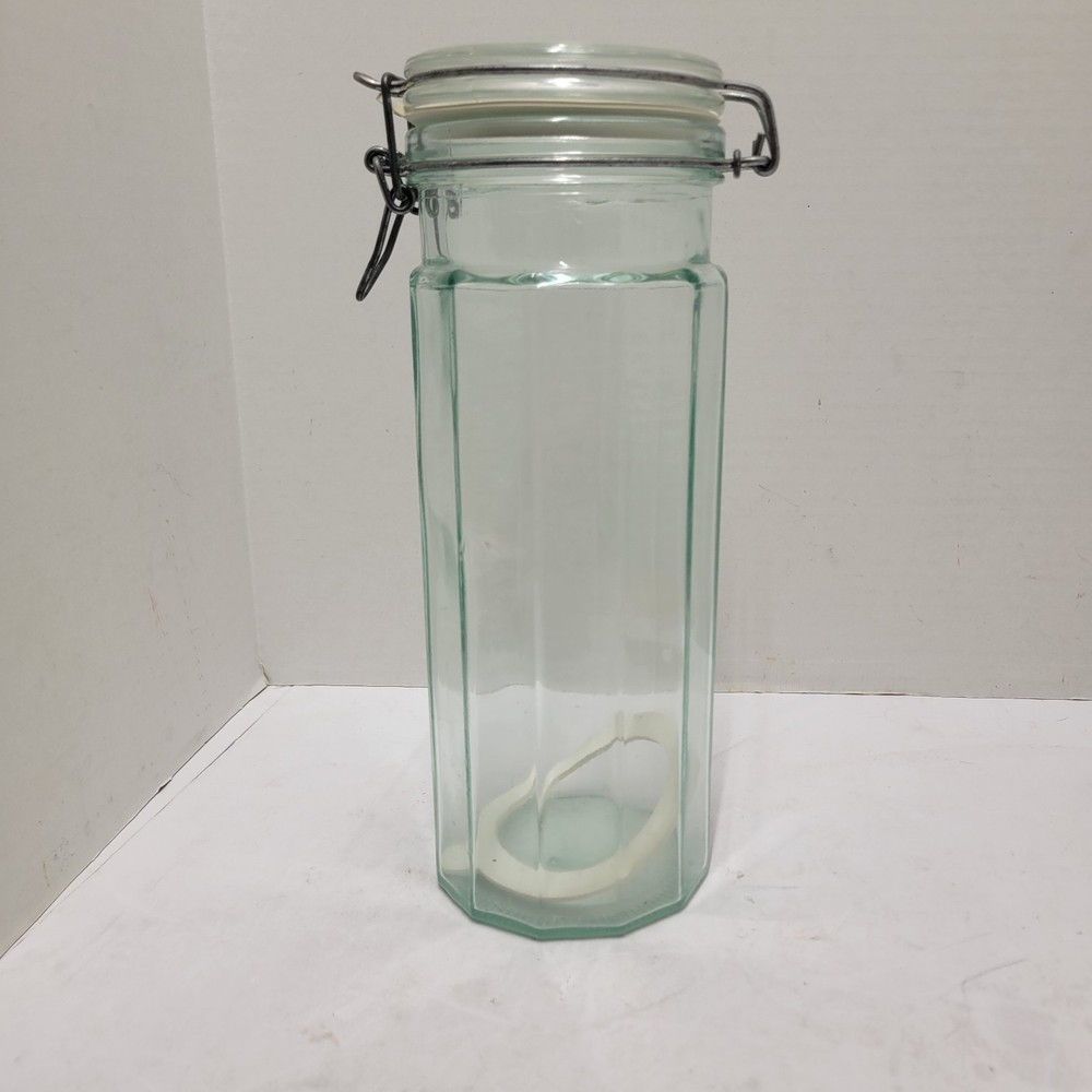 Vtg Hermetic Green Tint Glass 12 Panel Hinged Wire Bail Italy Canister Jar