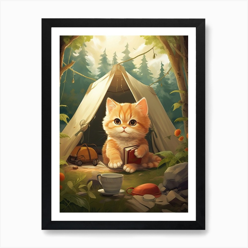 Kawaii Cat Camping Art Framed Canvas Print Wall Decor