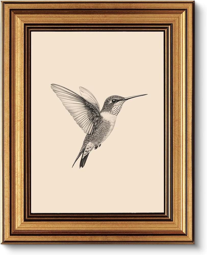 Vintage Gold Framed Wall Art, Sketch Birds Canvas Painting, Cute but Exquisite