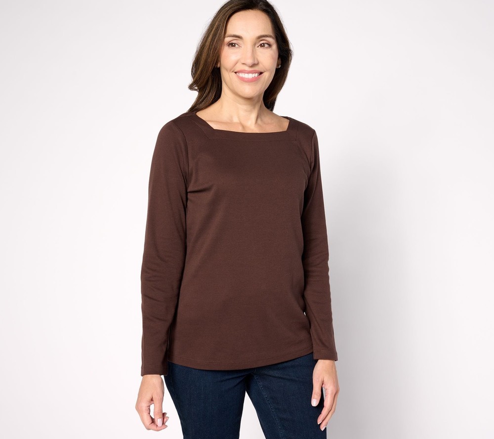 Denim & Co. Women's Top Sz XS Essential Interlock Square Neck Brown A630301