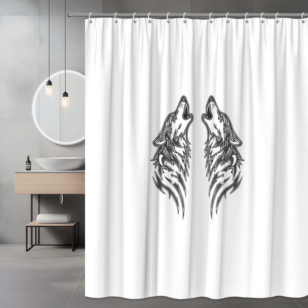 Wolf Howling Shower Curtain Black White Graphic Print