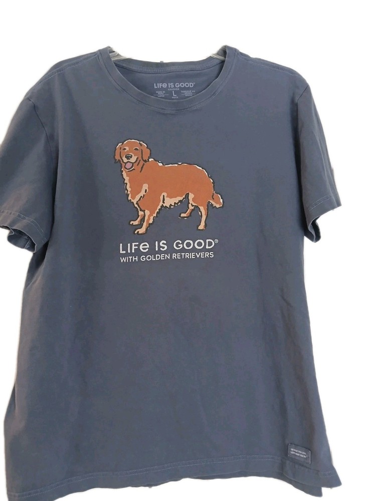 Life is Good Tshirt Mens L Blue Dog Golden Retriever