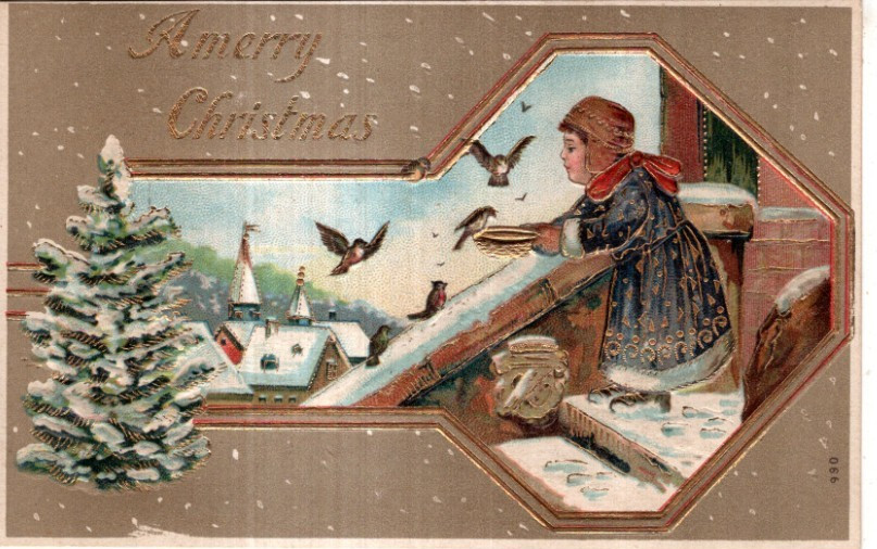 ANTIQUE CHRISTMAS Postcard   GOLD ACCENT  -  LADY HOLDING FOOD DISH FOR BIRDS-image
