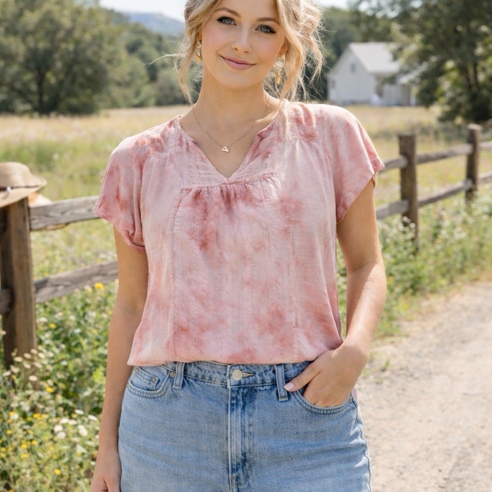 Knox Rose Women's Top Size L Pink Tie Dye Lace-Back Short Sleeve Soft Fairy