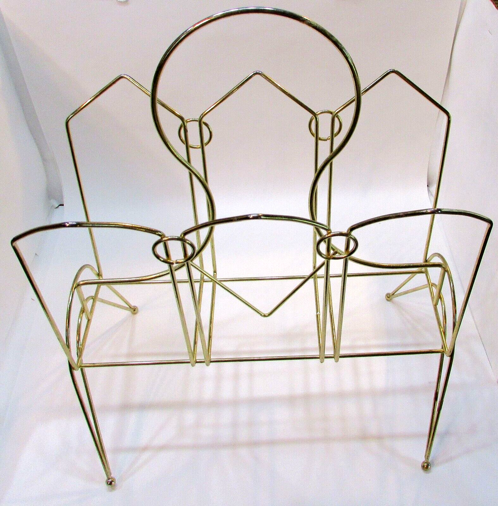 Vintage 1960's MCM Goldtone Steel Wire Rod Curlycue Magazine Rack Record Holder