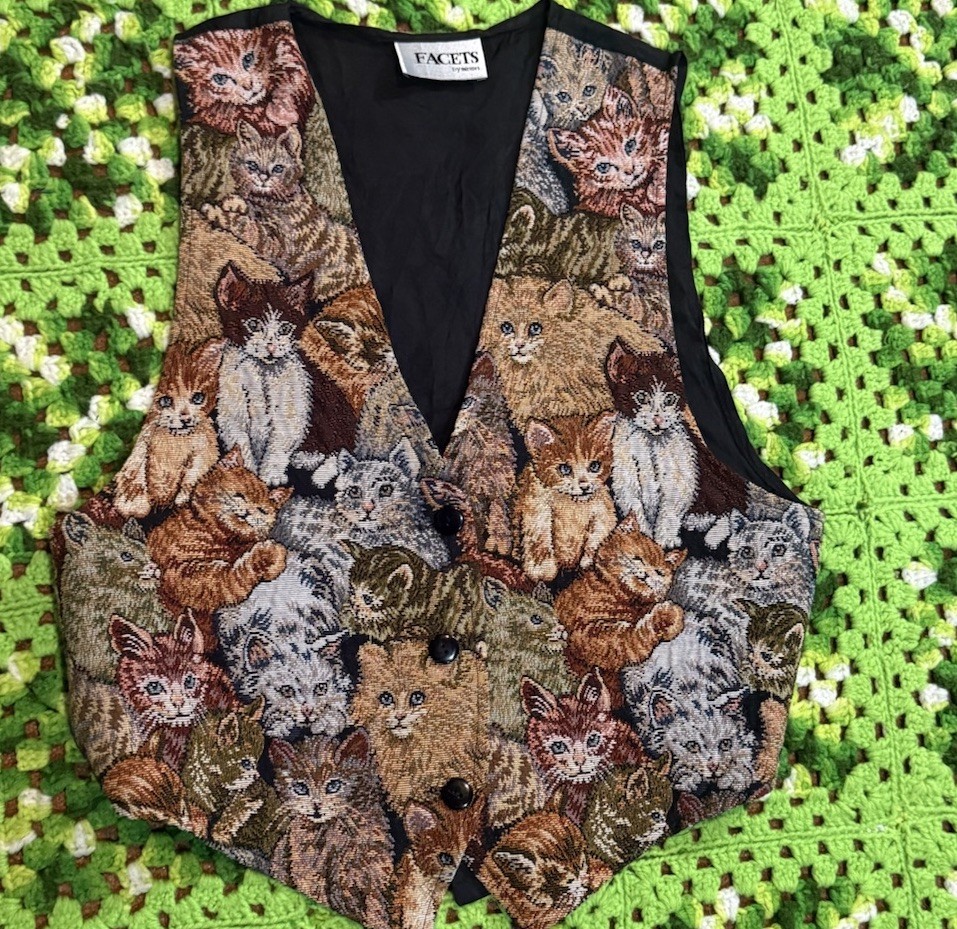 VTG  Retro Cat Print Vest Kittens Grandma Vest Large Y2K Art USA Rockabilly