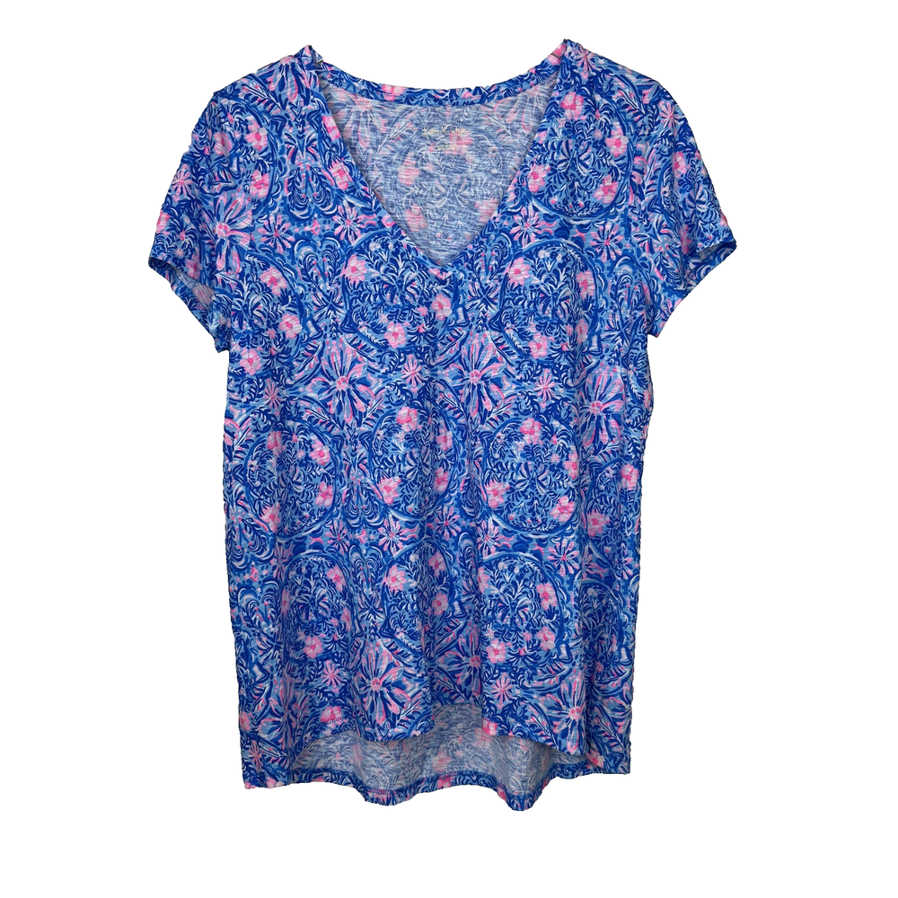 Lilly Pulitzer Womens Floral V-Neck Pullover Top Size L Tropical Coastal Print