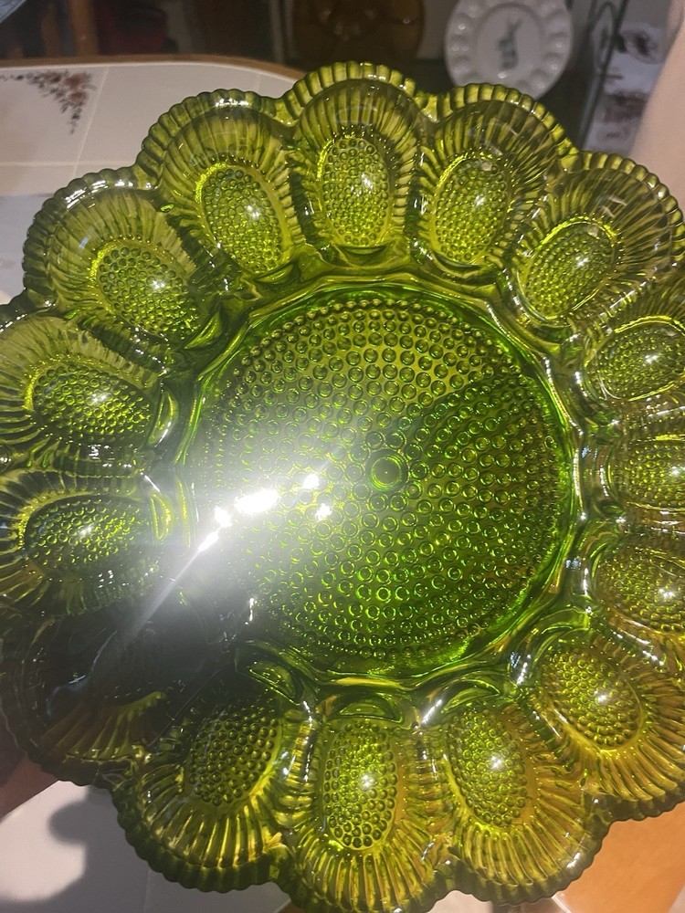 Indiana Glass Deviled Egg Plate Tray Flashed Olive Green Hobnail Vtg