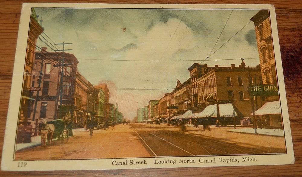 Postcard Canal Street Scene, Grand Rapids, Michigan - 1910 Storefronts T1