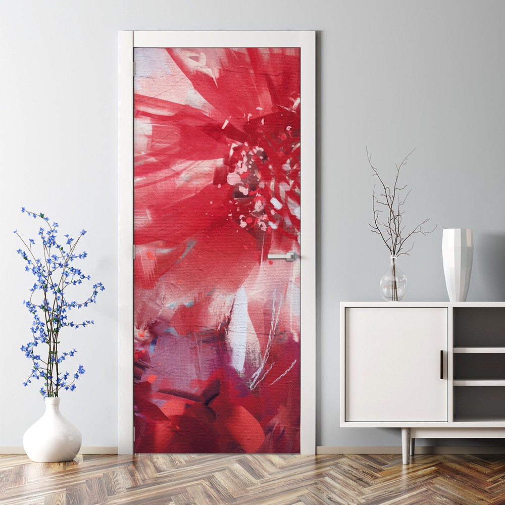 Decal Red Flowers Nature Floral Painting Flowers Meadow Bubble Free Door sticker