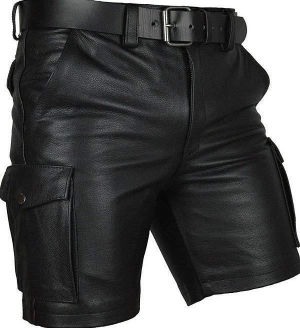 Men Cargo Leather Shorts Black Casual 5 Pocket Zipper Fly Cowhide Leather Shorts