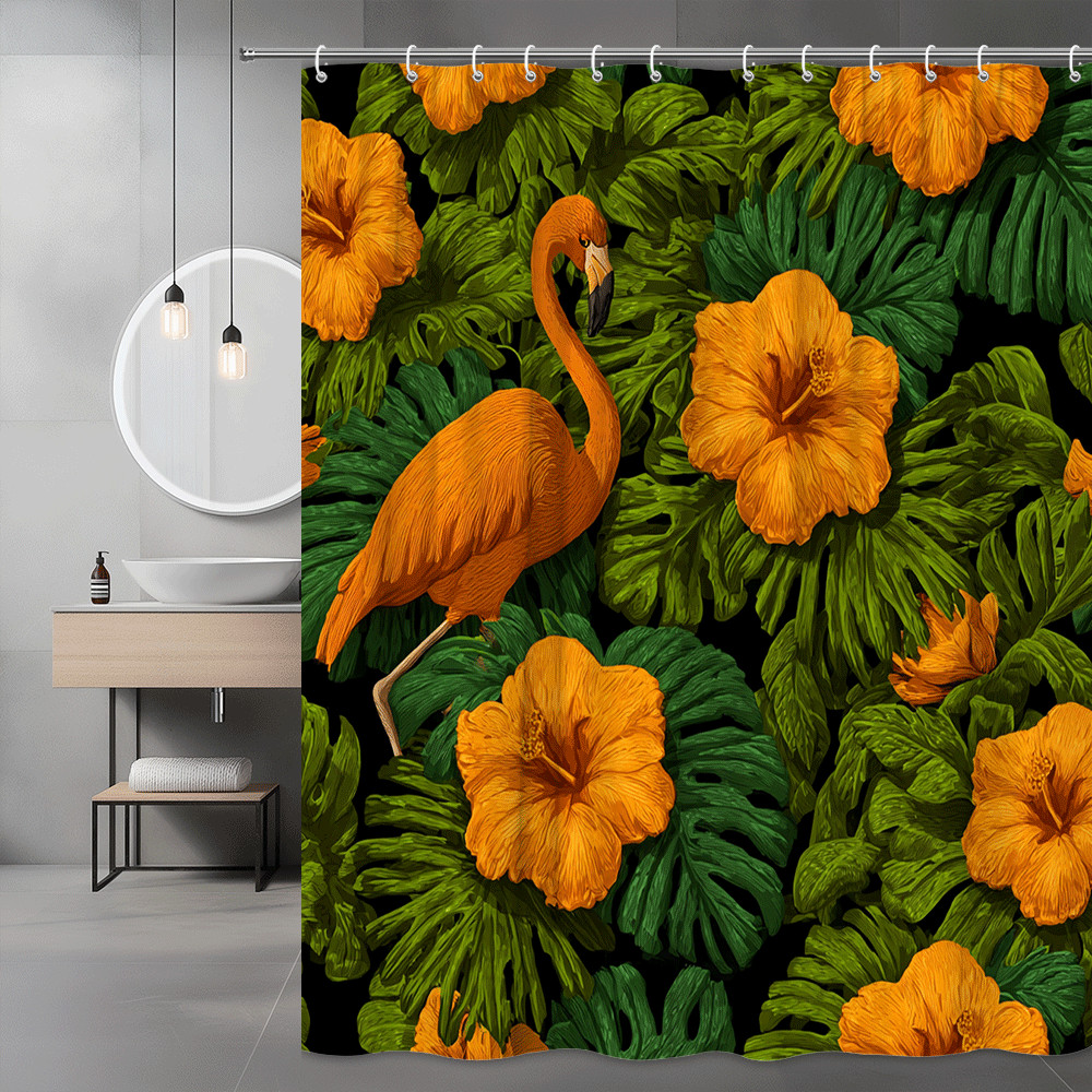 Flamingo Hibiscus Shower Curtain Tropical Floral Print