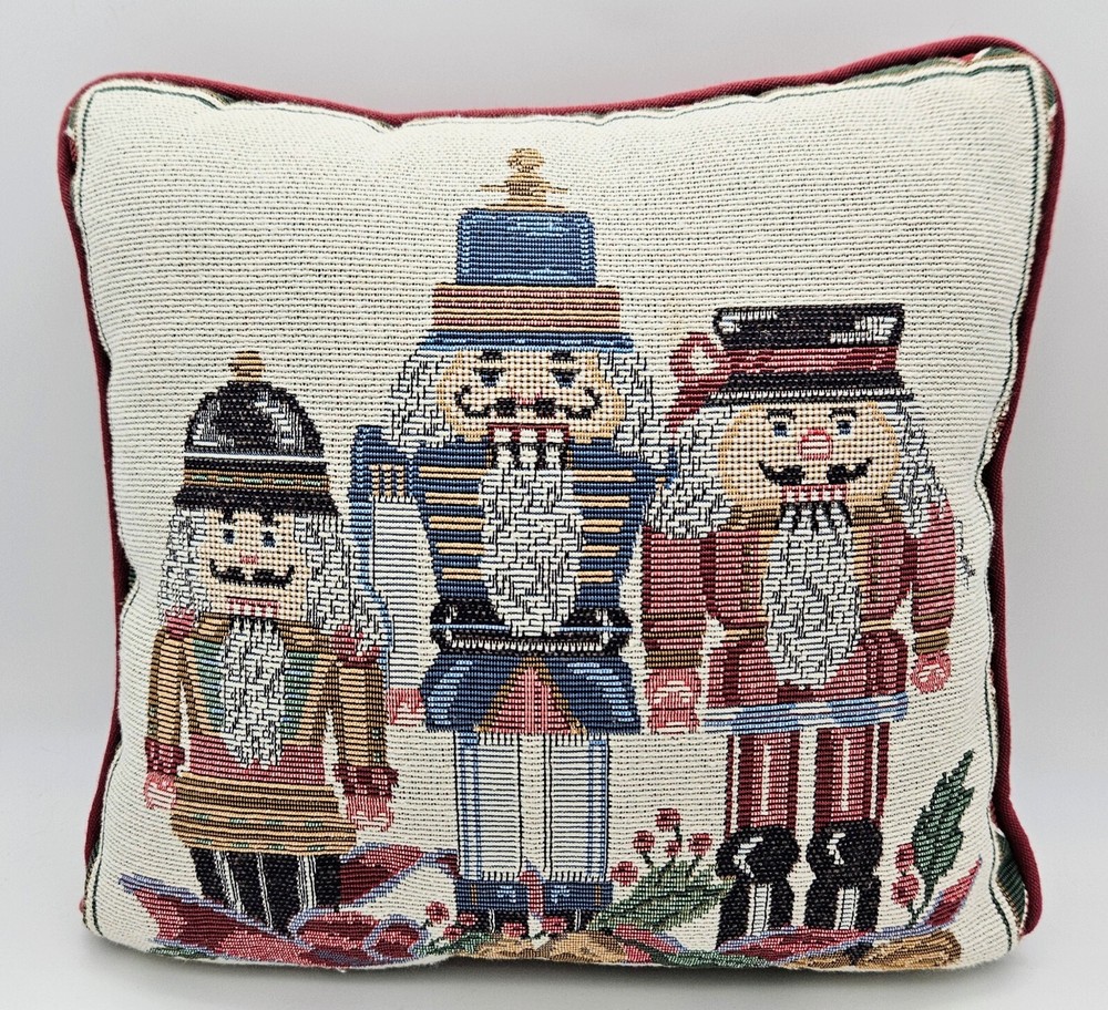 Nutcracker Tapestry Accent Throw Pillow Christmas Decor Square Red Holiday 11.5