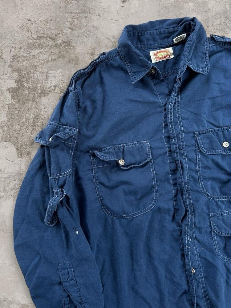 VTG 80s Banana Republic Safari Travel Shirt Men S Indigo Blue Epaulet Utility