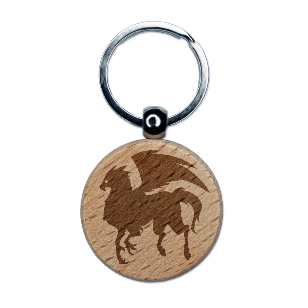 Regal Hippogriff Fantasy Silhouette Engraved Wood Round Keychain Tag Charm