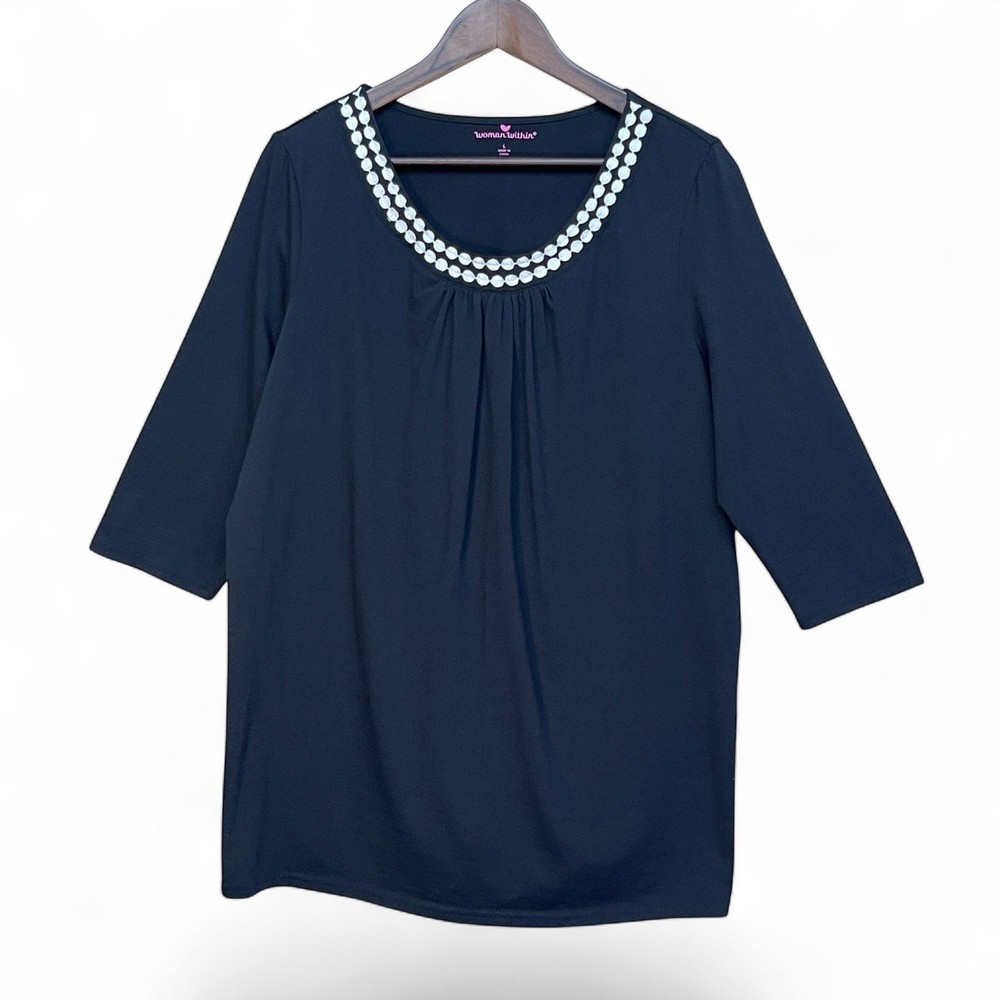 Woman Within Navy Blue 3/4 Sleeve Embroidered Scoop Neck Tunic Top Large L