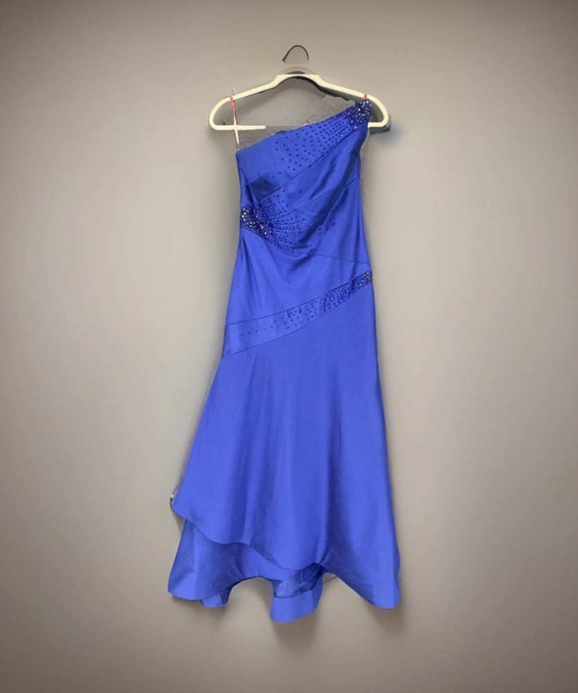 ML Monique Lhuillier Women’s Blue Strapless Asymmetrical Beaded Dress Size 6