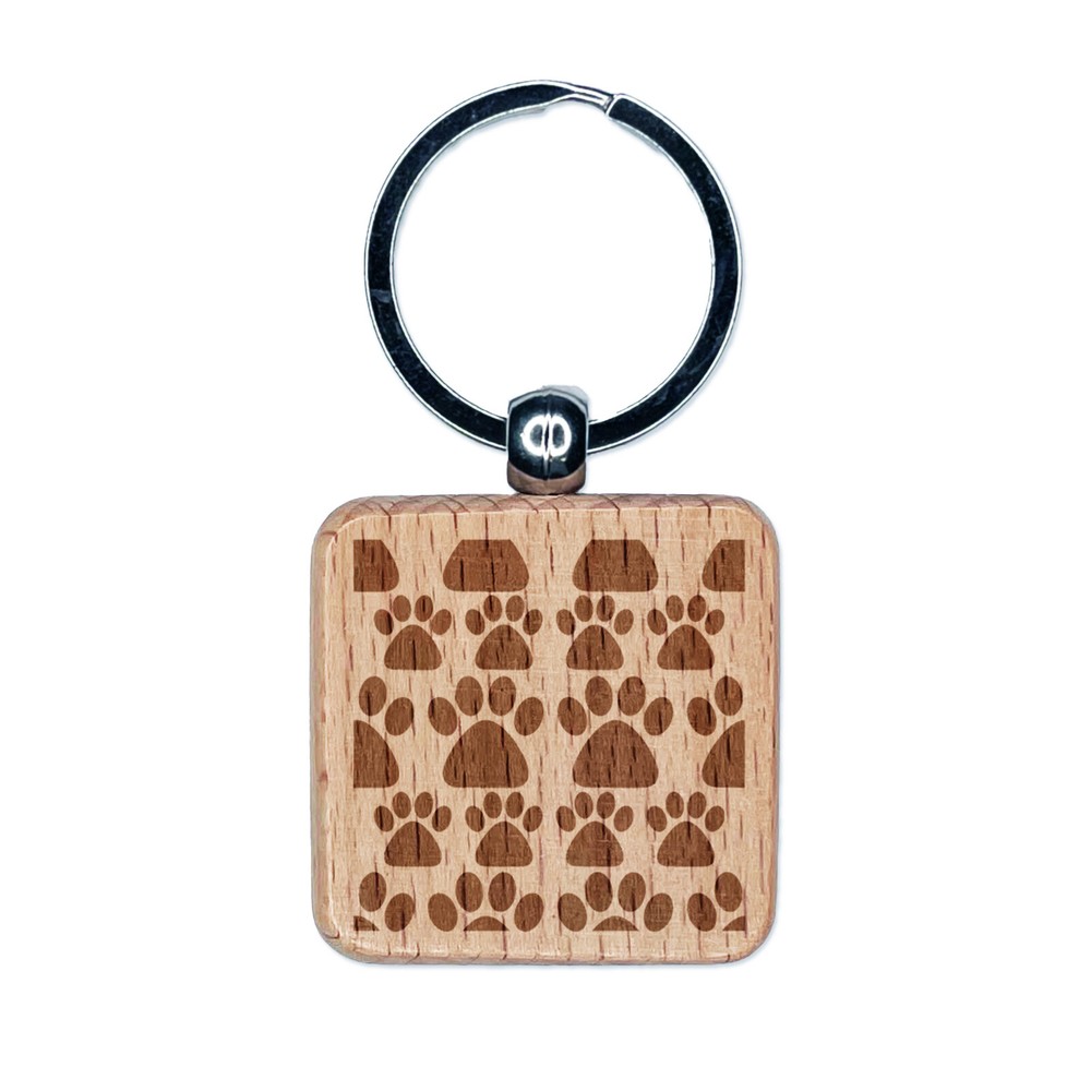 Paw Print Pattern Background Engraved Wood Square Keychain Tag Charm