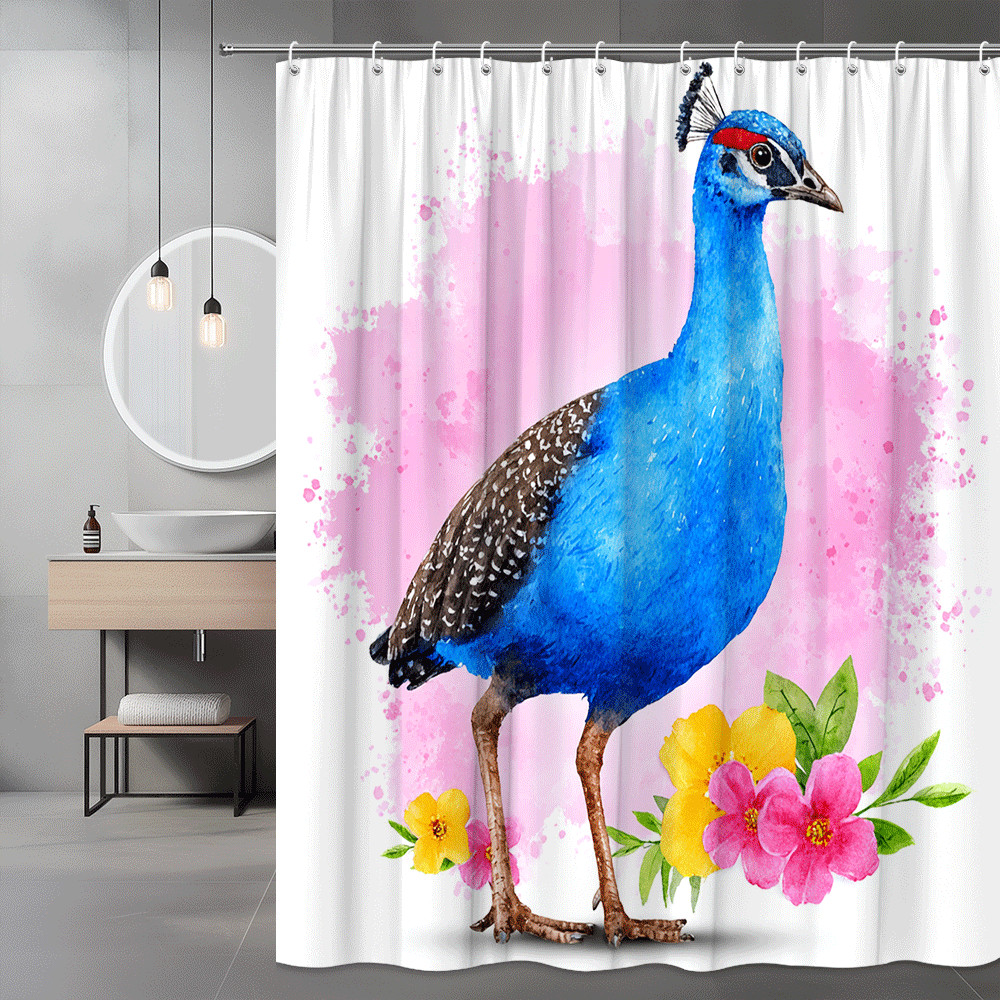 Blue Peacock Floral Shower Curtain Watercolor Bird Print