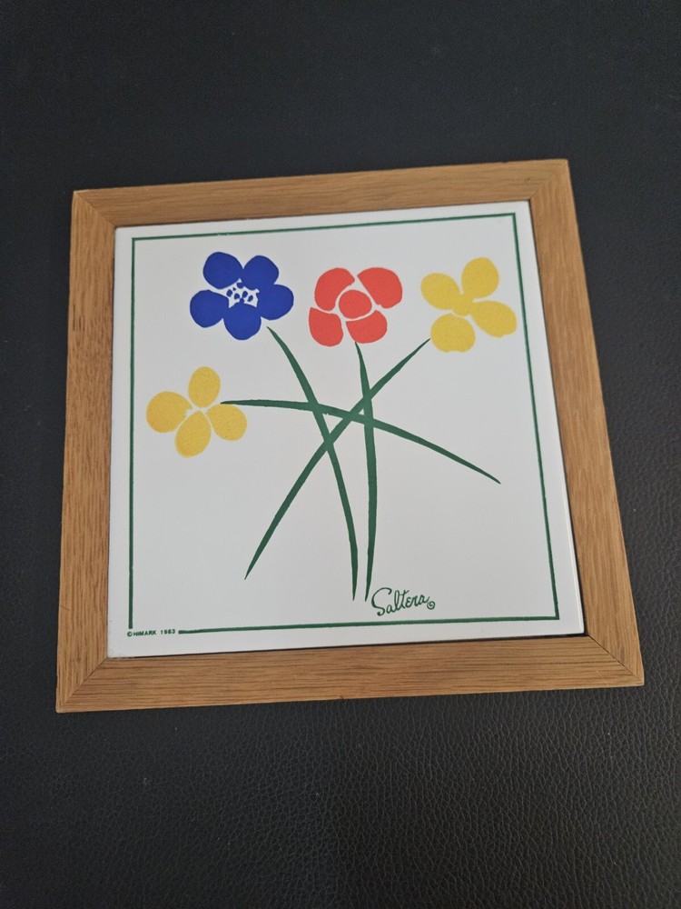 Vintage Saltera 1983 HIMARK Wall Hanging Trivet Ceramic Art Tile Wood Framed