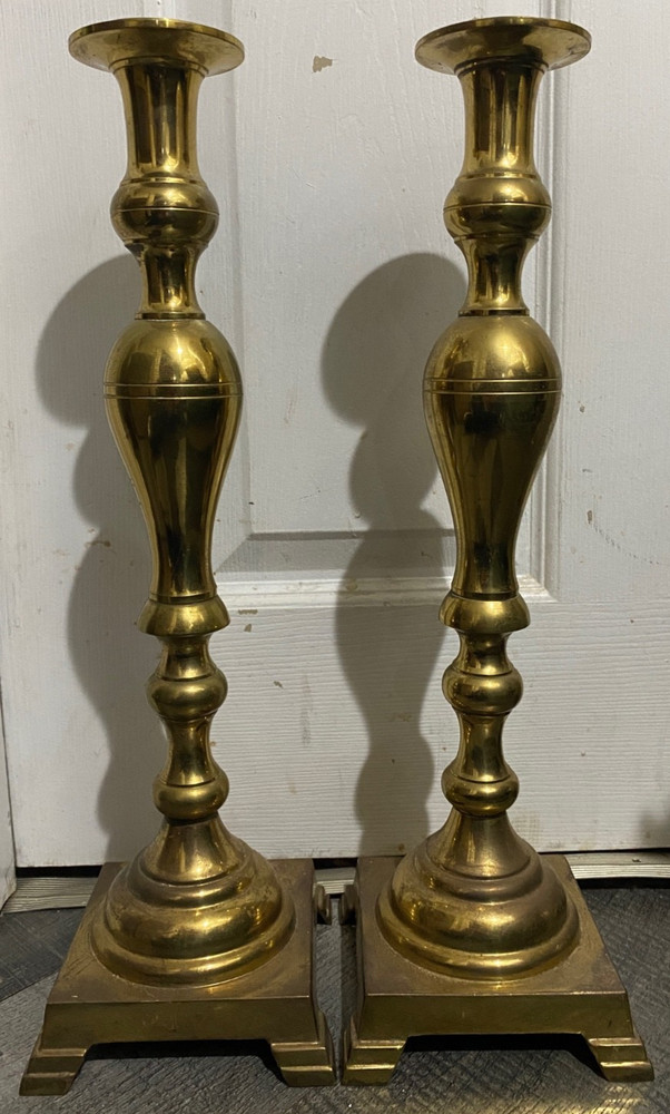 *** Pair Of Vintage Golden Brass Catholic Church Altar Candle Sticks 17.75