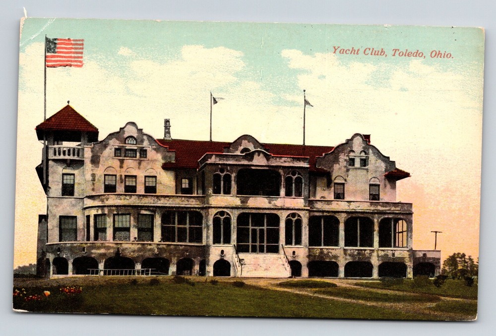 Toledo Ohio~Yacht Club Bldg Front View~USA Flag~Spanish Revival~c1910 Postcard