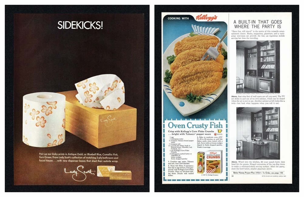 1967 Sidekick Lady Scott Bath Facial Tissue / Kellogg Corn Flake Crumb Print Ad